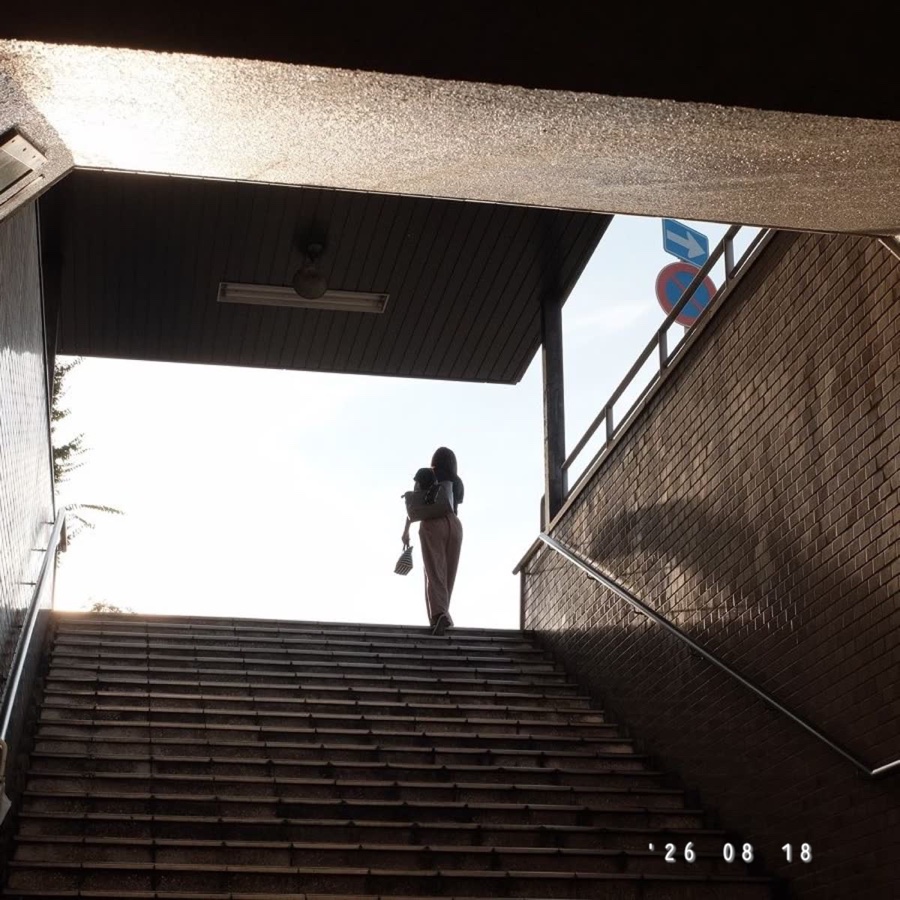 A figure at the top of a sunlit stairway with a typewriter-style date