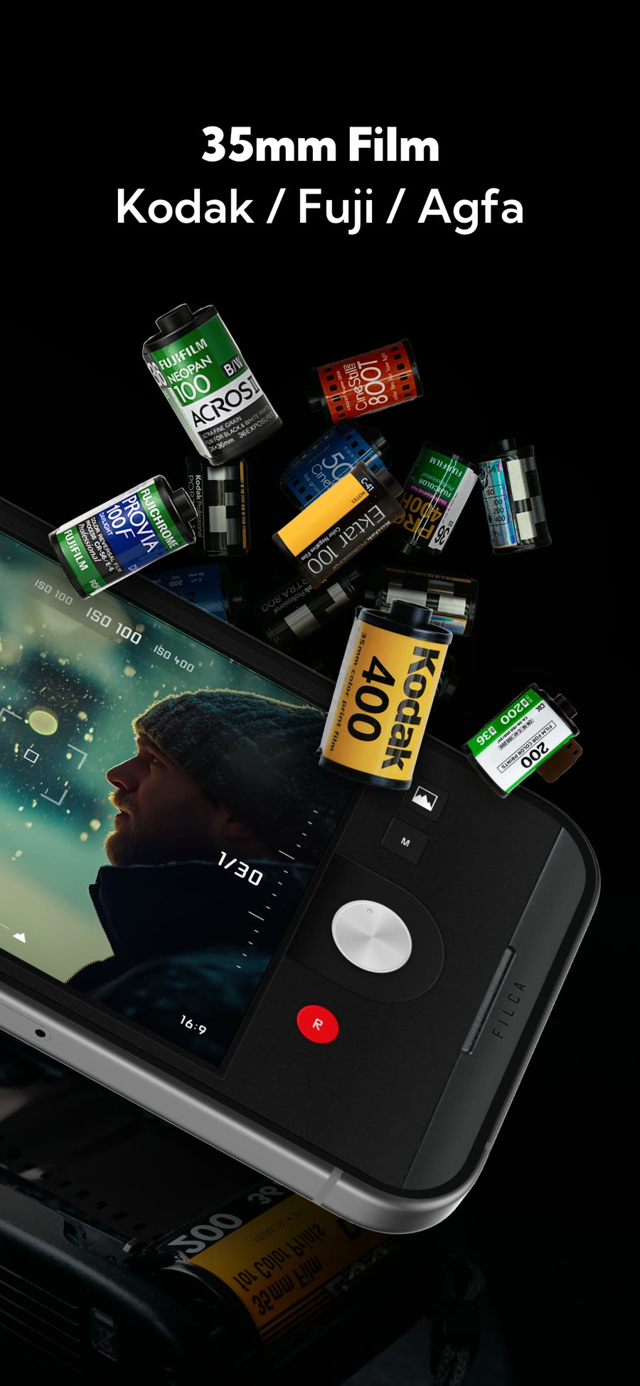 FILCA film recipe camera interface with 35mm film rolls