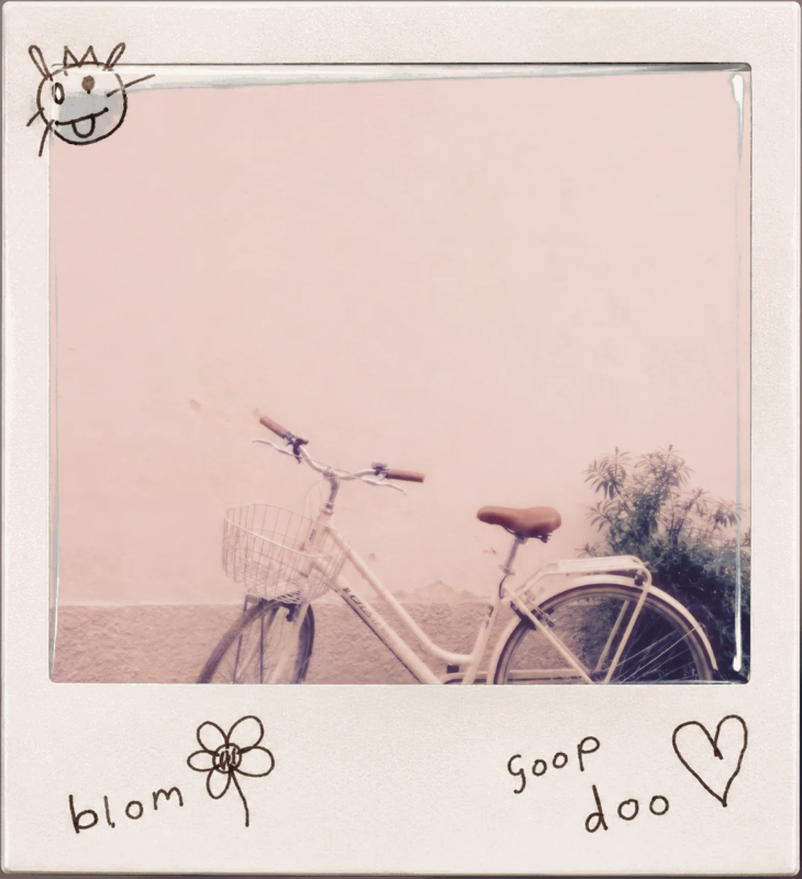 A bicycle against a pink wall in a doodle frame