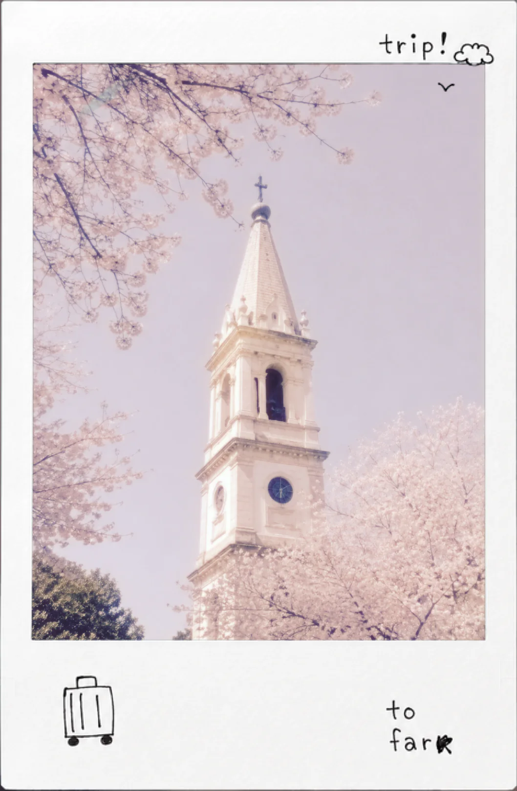 A church among cherry blossoms in a travel frame