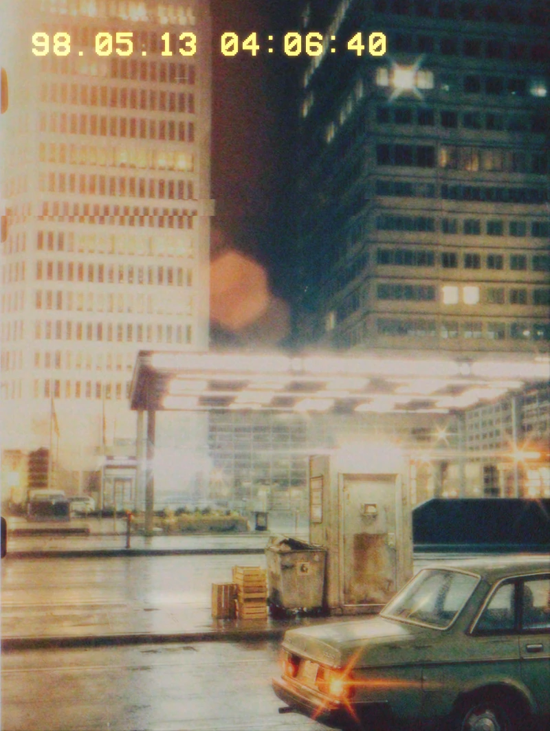 A rain-lit city street and car rendered with VHS tape texture and a date stamp