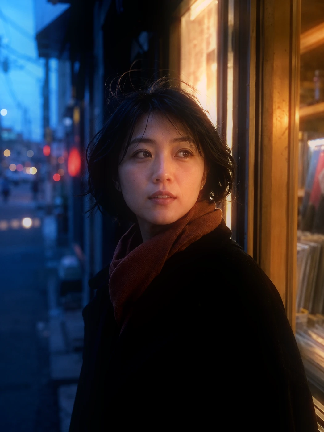 An AI-created blue-hour portrait lit by a record-shop window, processed with Dica Y2K