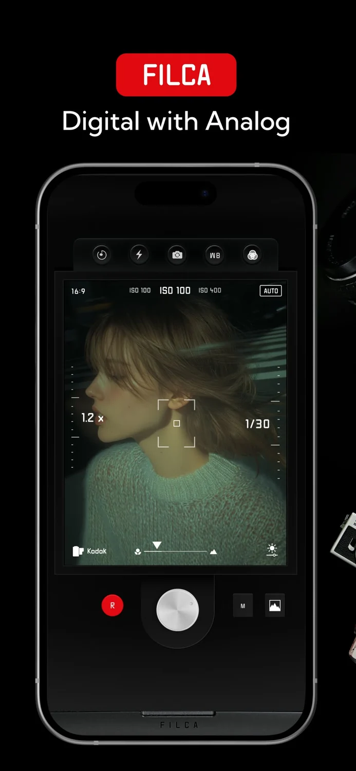 FILCA live camera interface with film color and manual controls