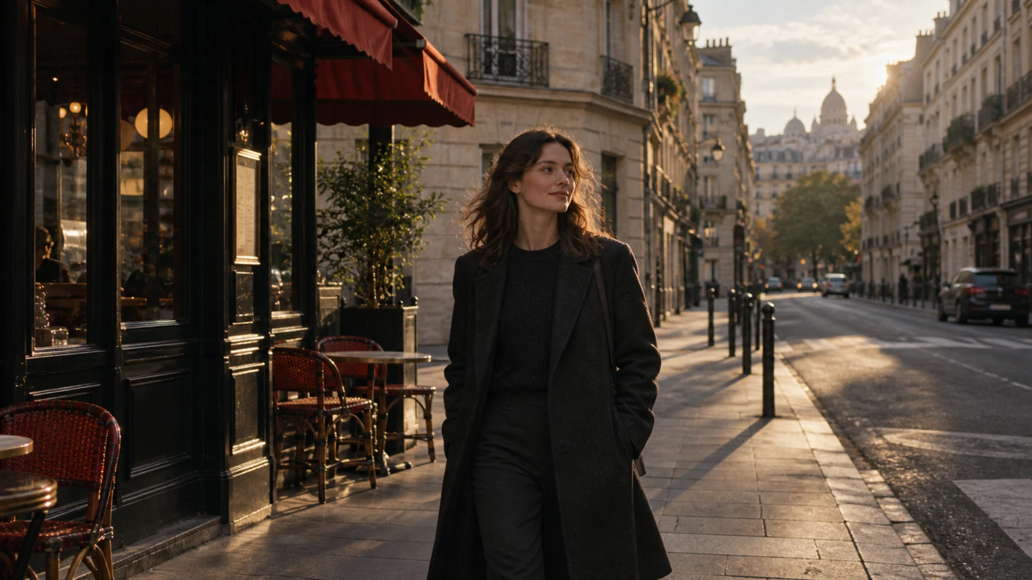 An AI-created film-style photograph of a woman on a Paris street in late-afternoon sunlight